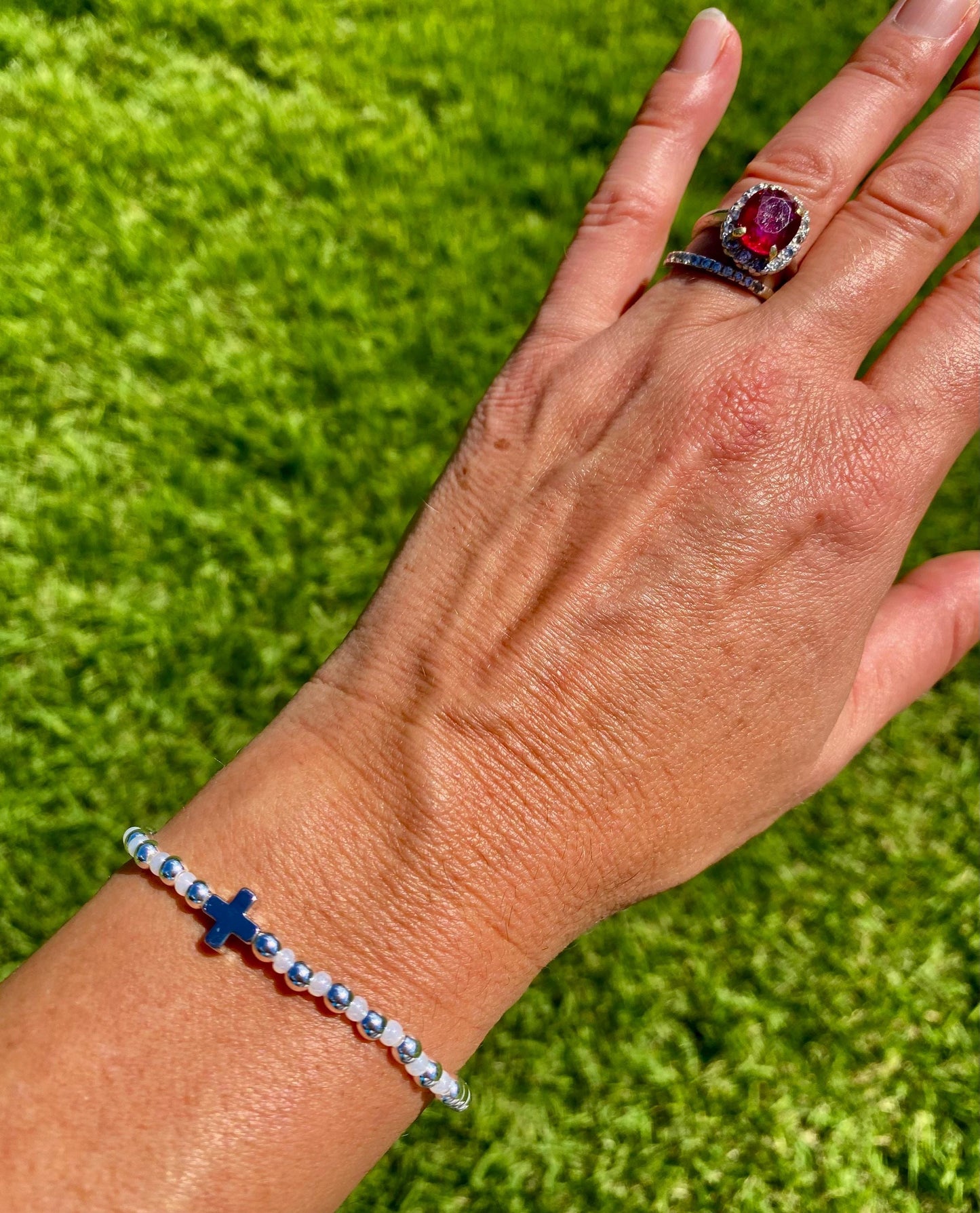 Silver Plated Beaded Bracelet: Platinum Plated Center Cross Charm, Pearl Czech Glass.