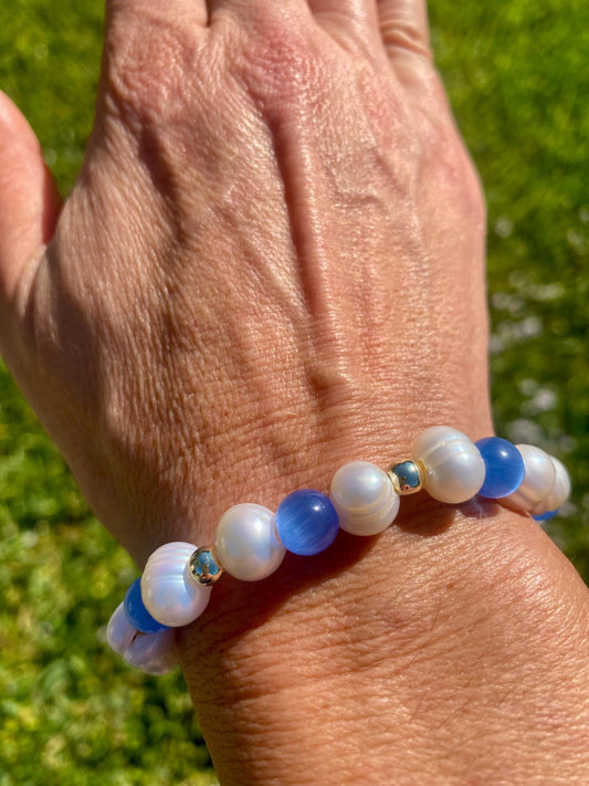Pearl Beaded Bracelet with Ocean Blue Gemstones & 14K Gold Accent Beads.