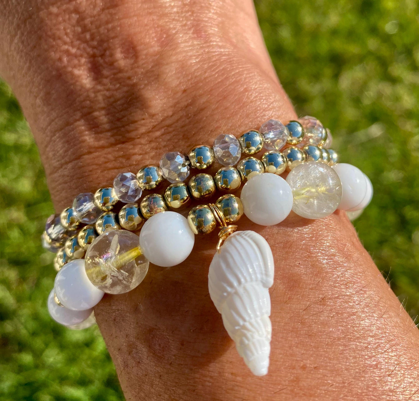 Citrine & White Shell Charm Bracelet: 14k Gold Filled Beaded Bracelet.