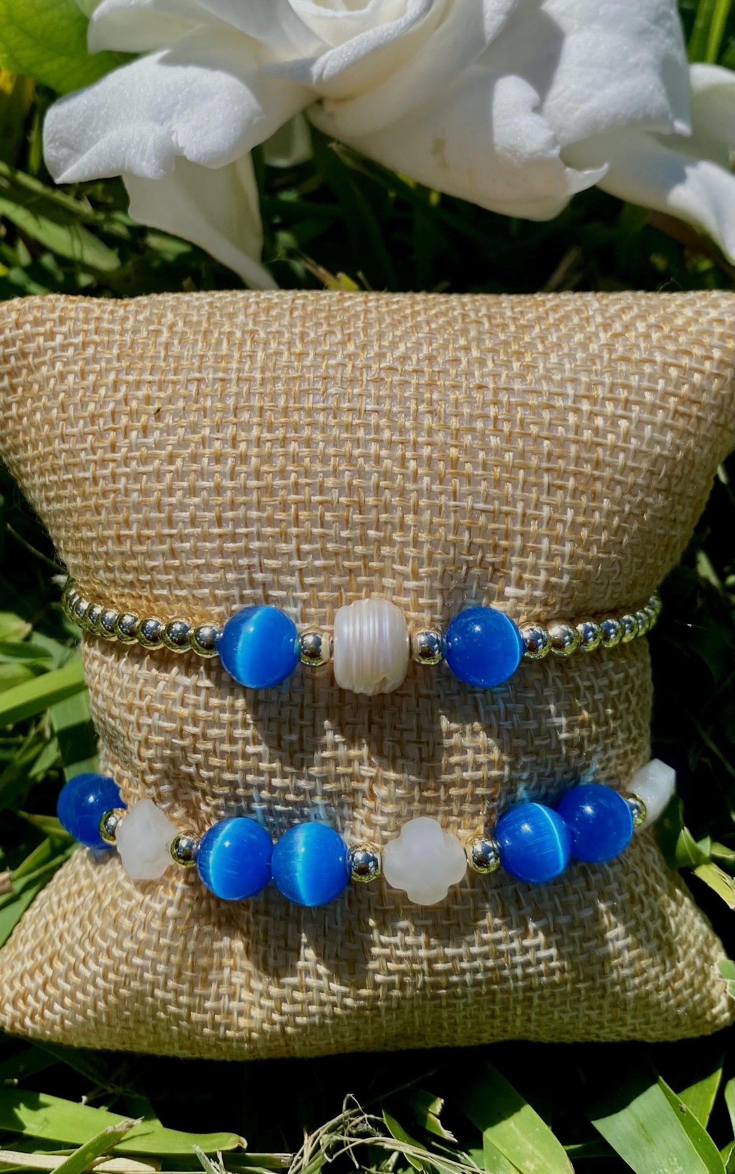 Blue Sapphire Cat's Eye Beaded Bracelet, 14K Gold Filled Beads, Pearl Charm.
