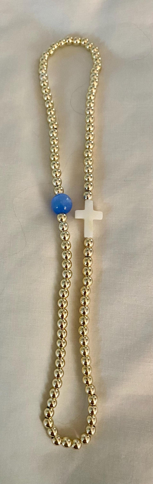 14K Gold Filled Beaded choker Necklace with Center Pearl Cross.