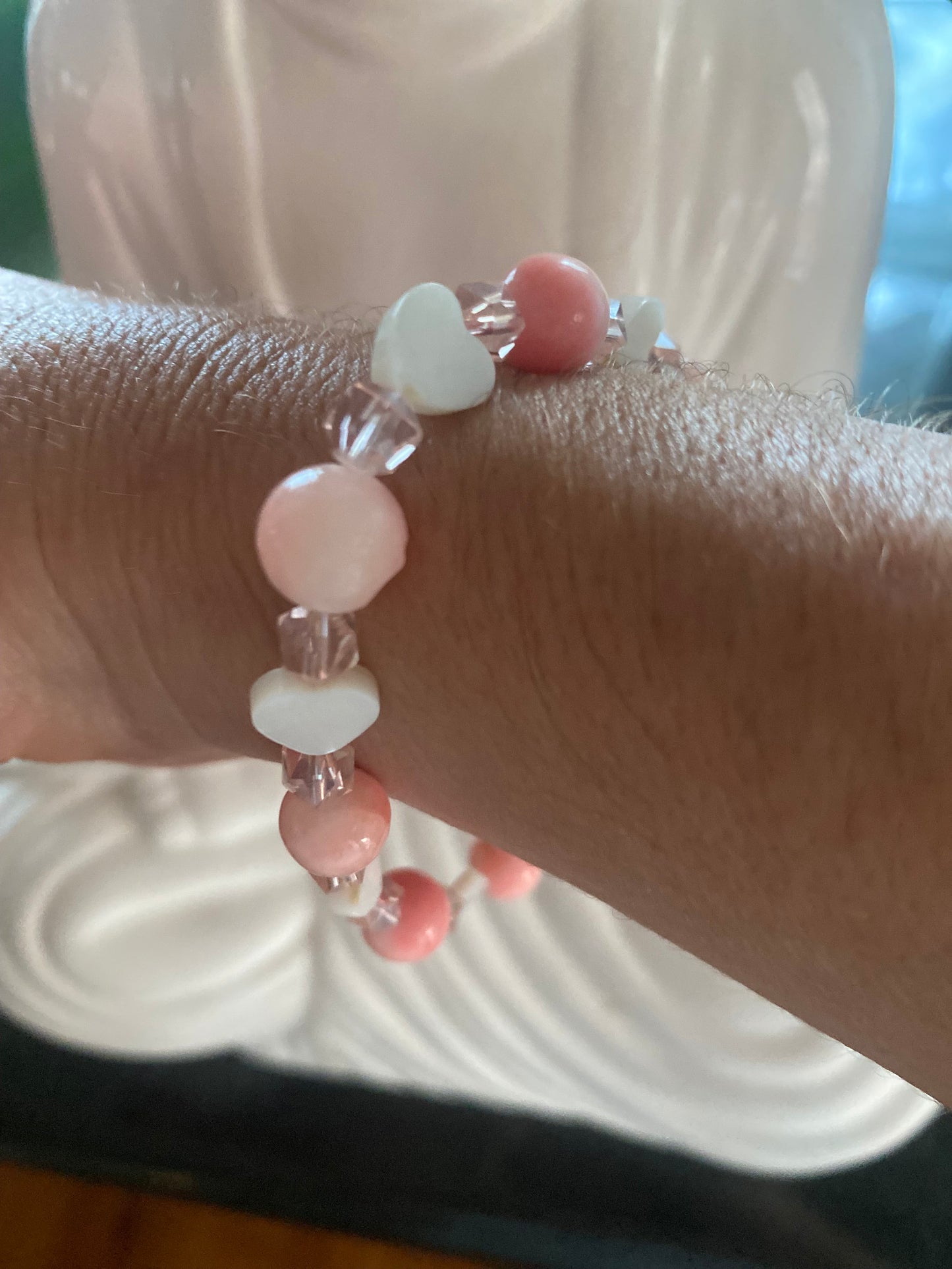 Pink Coral Beaded Bracelet: Glass Beads & River Shell Hearts.