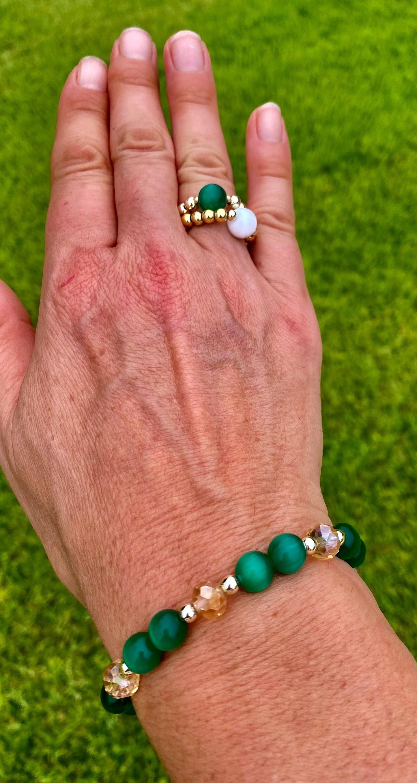 Emerald Green Gemstone Bracelet, 14K Gold, Clover Charms