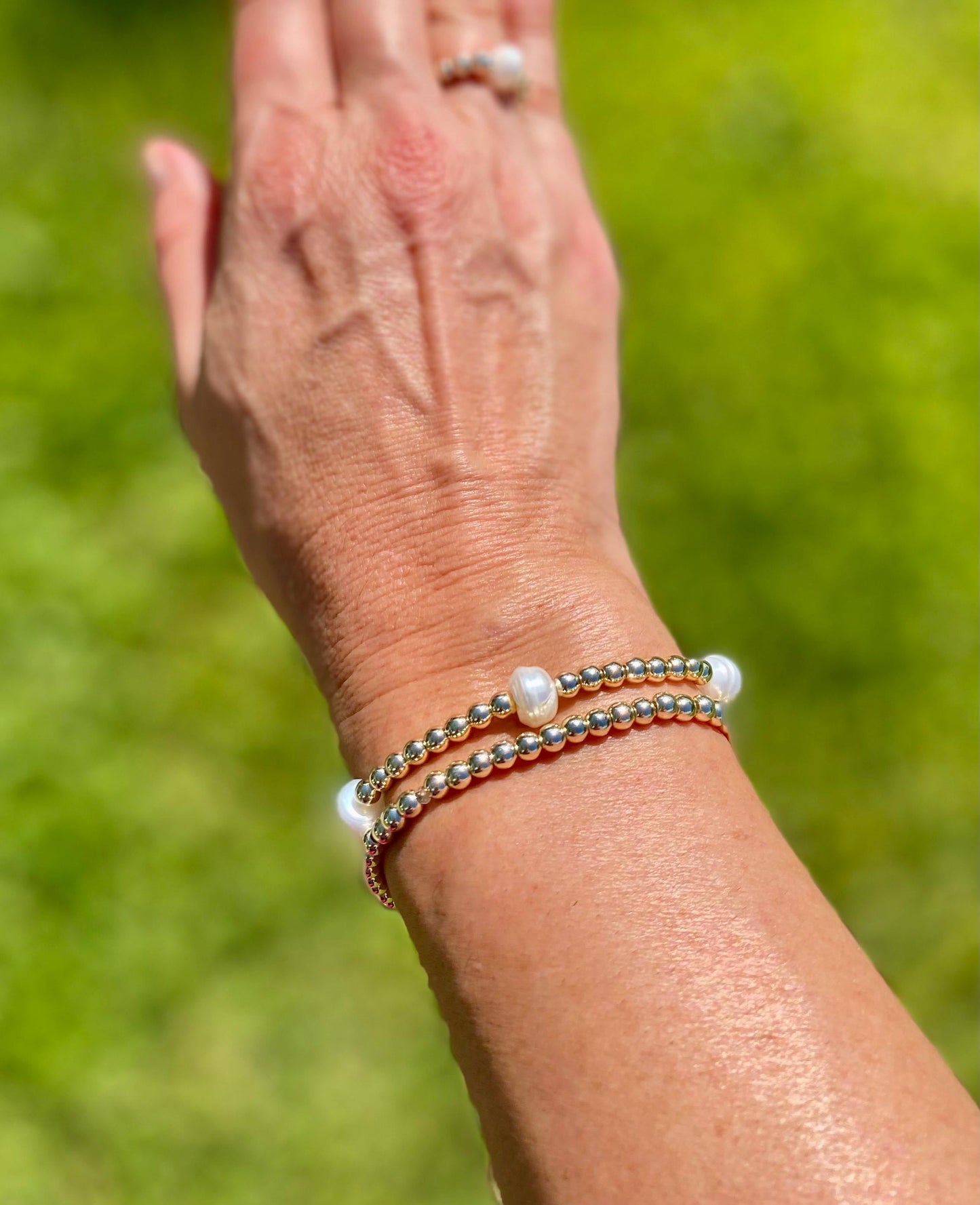 14k Gold Filled Stacking Bracelet: Cultured Pearl. Non Tarnish. E Newton Inspired.