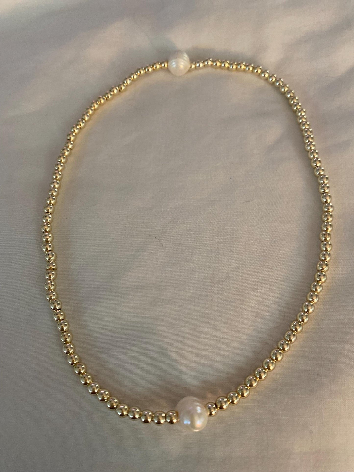 14K Gold Filled Beaded choker Necklace with Center Pearl.