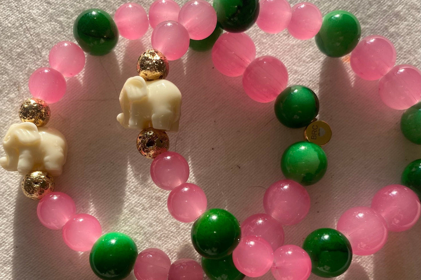 Pink & Green Beaded Bracelet: Center Enamel Elephant Charm, Tropical and Preppy.