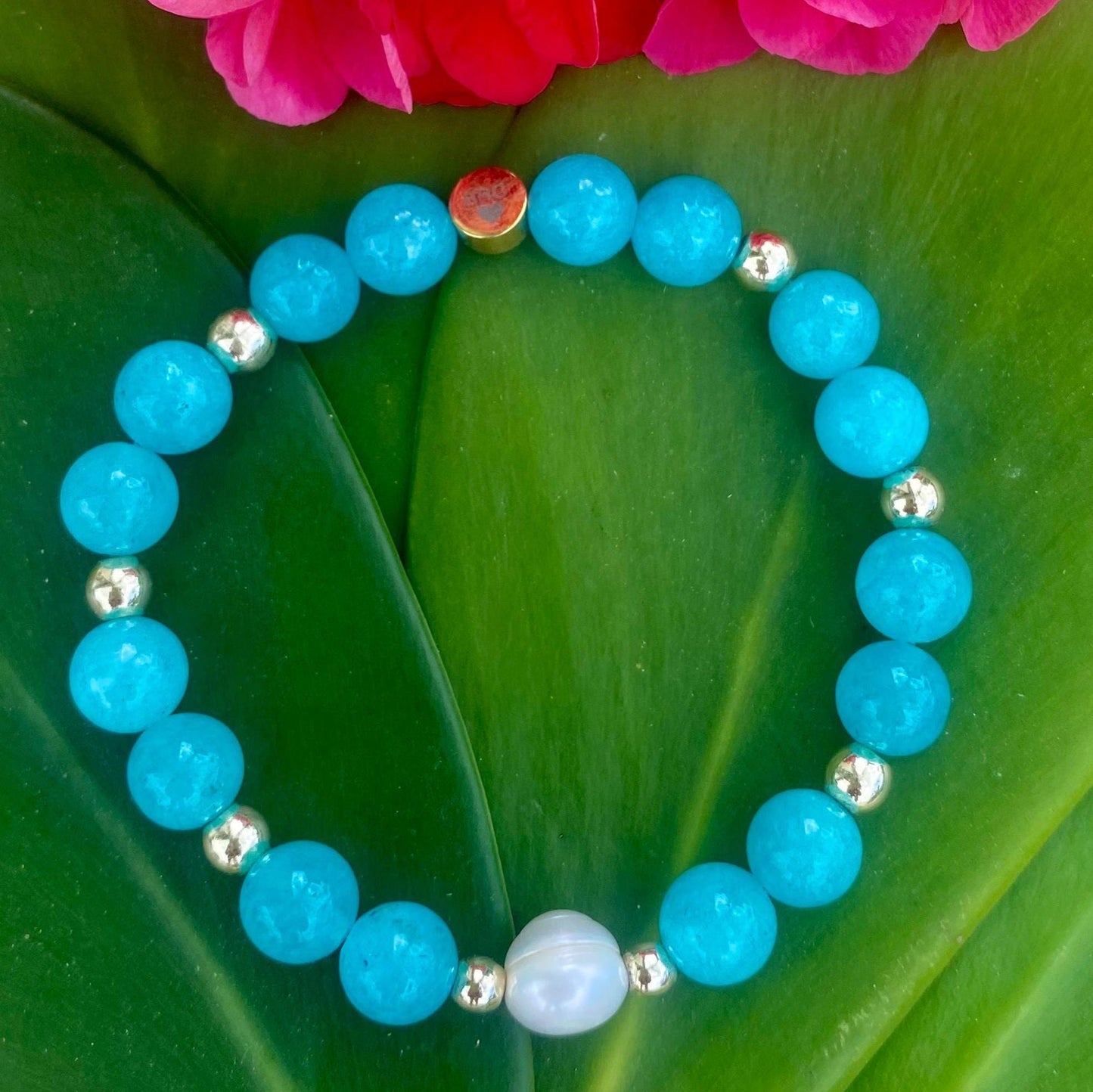 Blue Aquamarine Quartz Beaded Bracelet: Japanese Pearl & 14k Gold Filled accent beads.