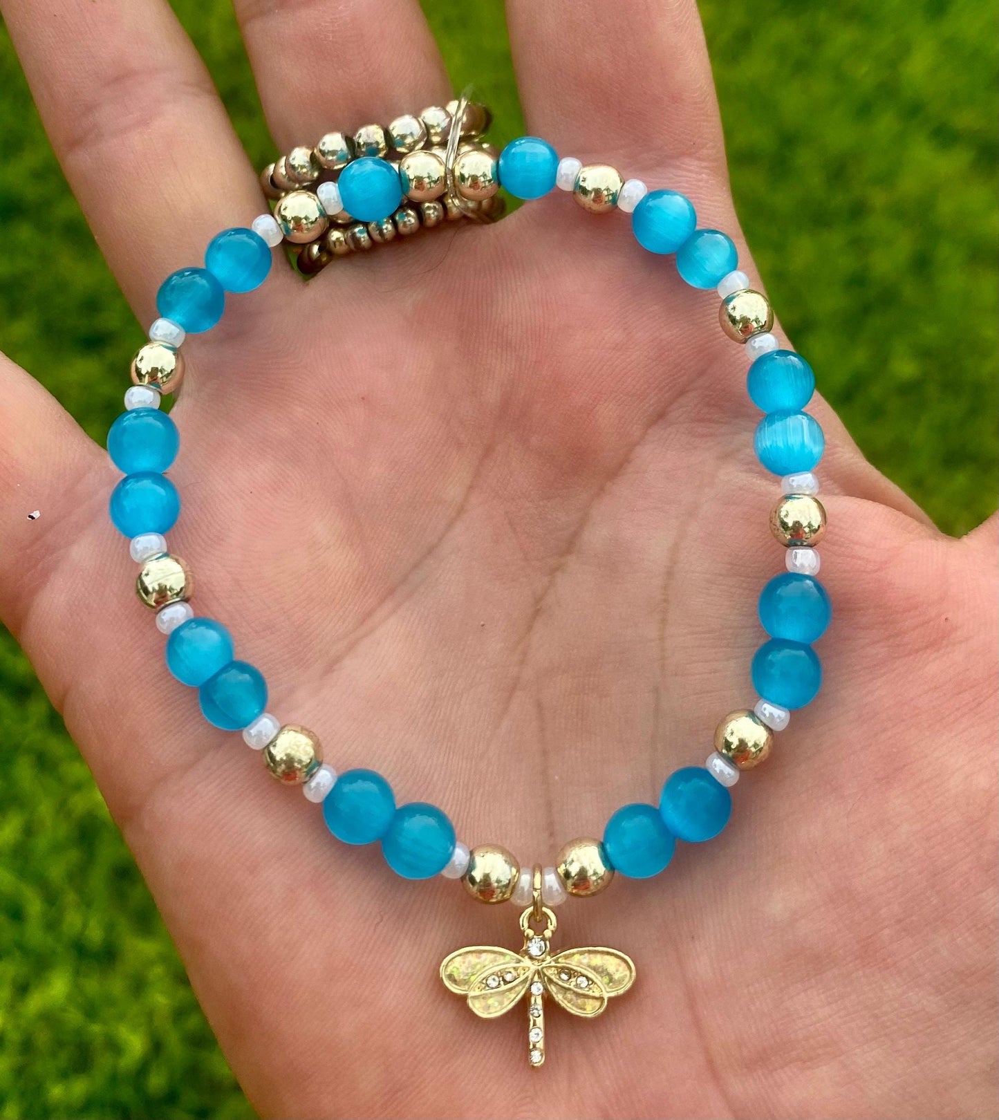 Dragonfly Charm Bracelet: Aquamarine Blue Glass, 14K Gold Filled Beads.