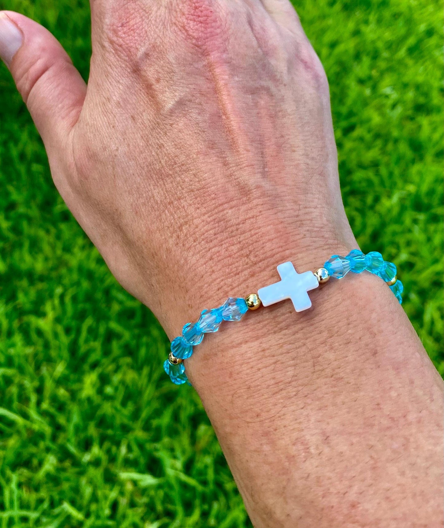 Pearl Cross Crystal Beaded.14k Gold Filled Beads, Colorful Glass & Center Cross Charm.