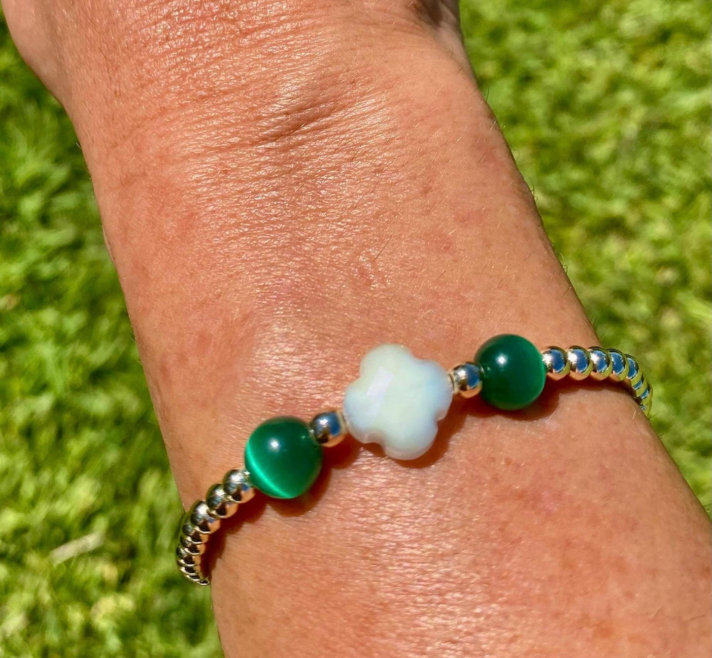 Emerald Green Cat's Eye Bracelet, 14K Gold Filled, Glass Clover Charm