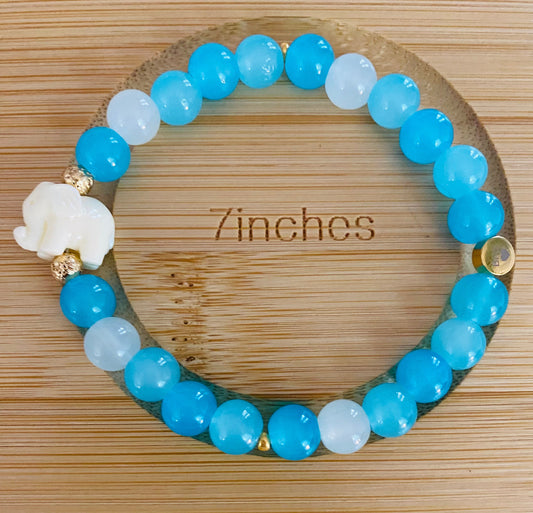 Aquamarine Glass Beaded Bracelet: White Resin Elephant Charm, 14k Gold Accents.
