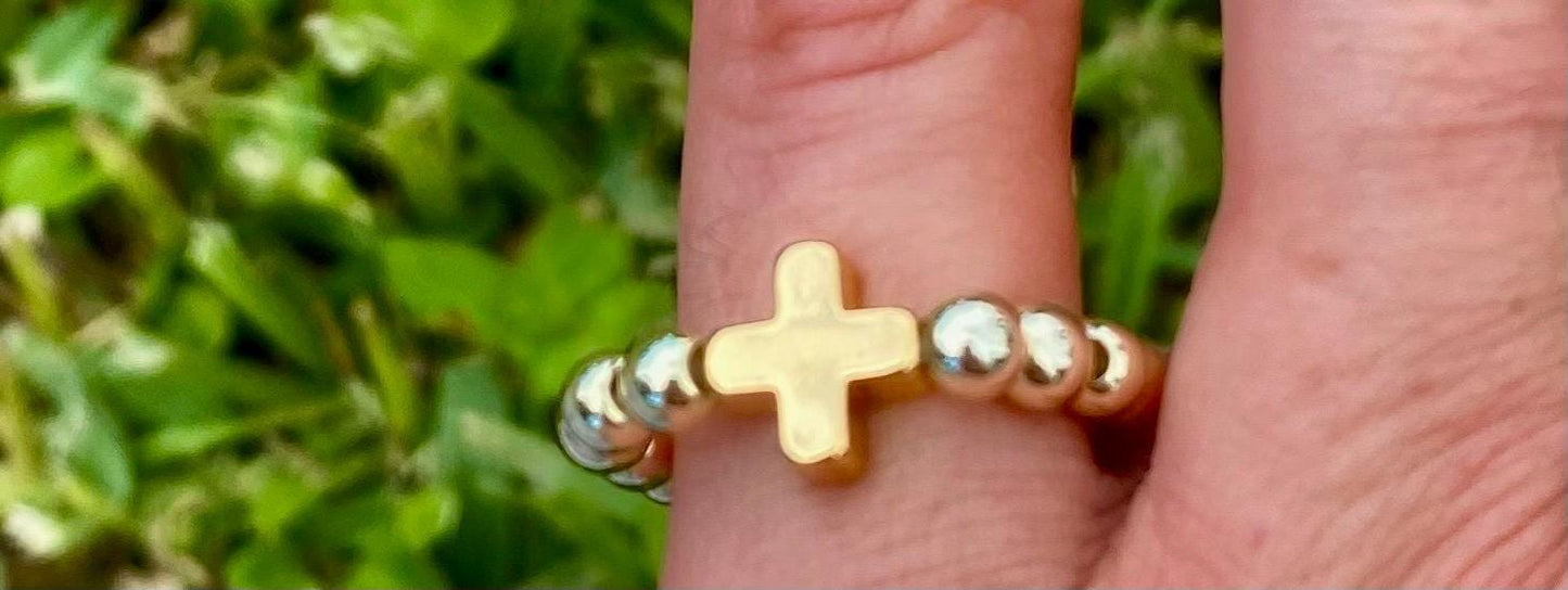 18K Gold Cross Ring: Dainty Stacking 14K Gold Filled Beads.