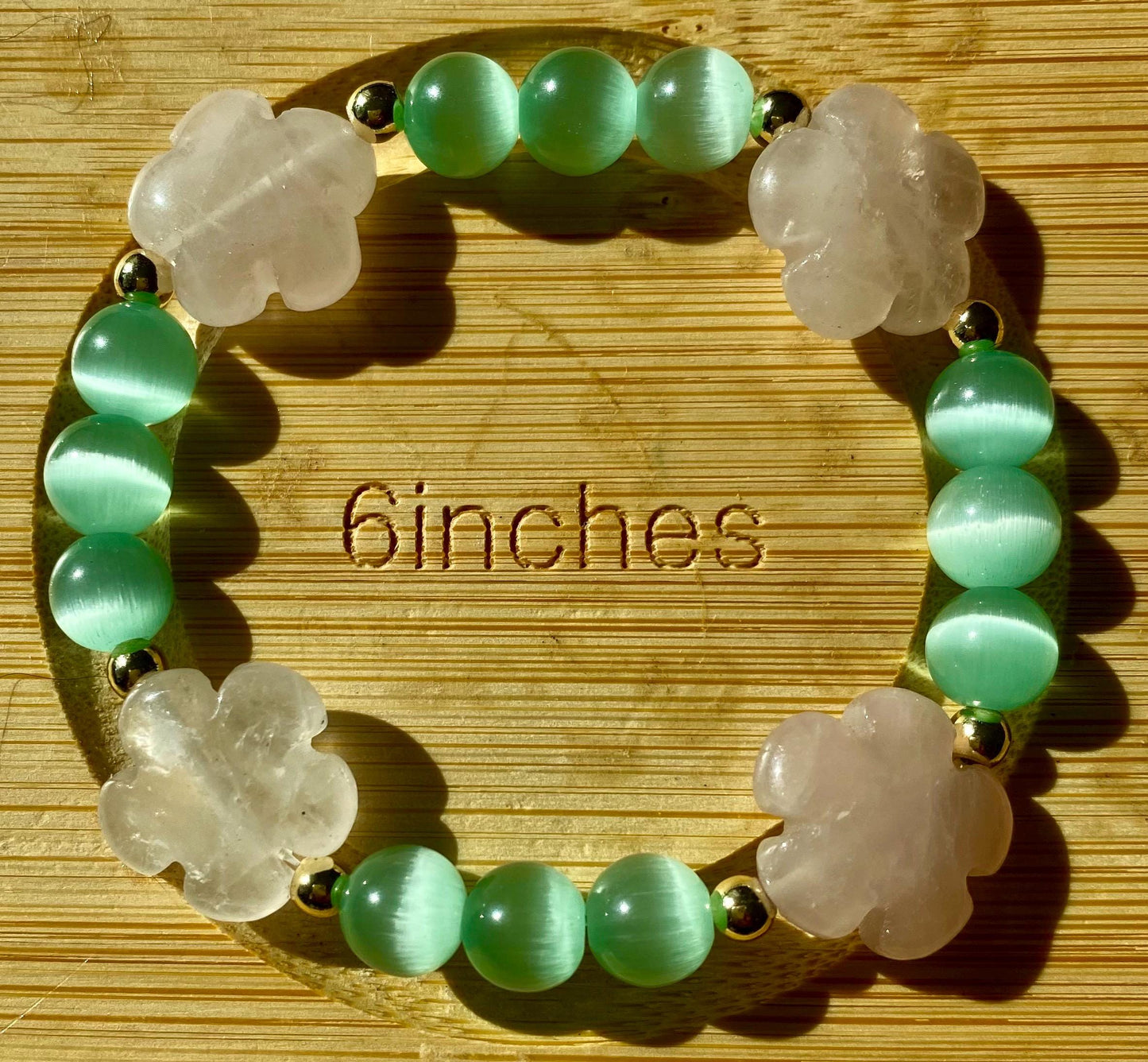 Green Cat's Eye Beaded Bracelet: Rose Quartz Flower Charms, 14k Gold Accent Beads.