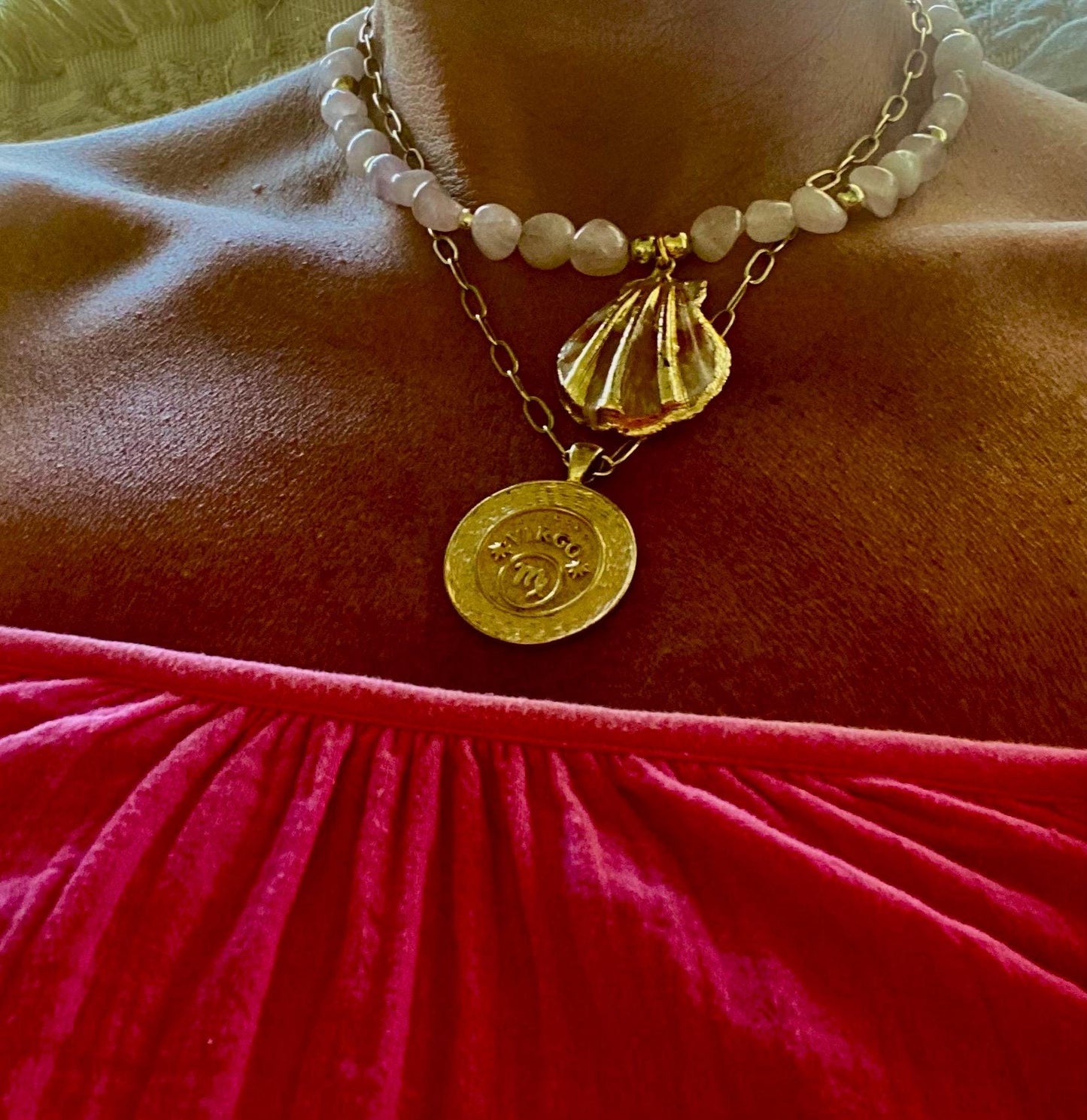 Rose Quartz Beaded Necklace: Center Gold Scallop Shell Charm. 14K Gold accents.