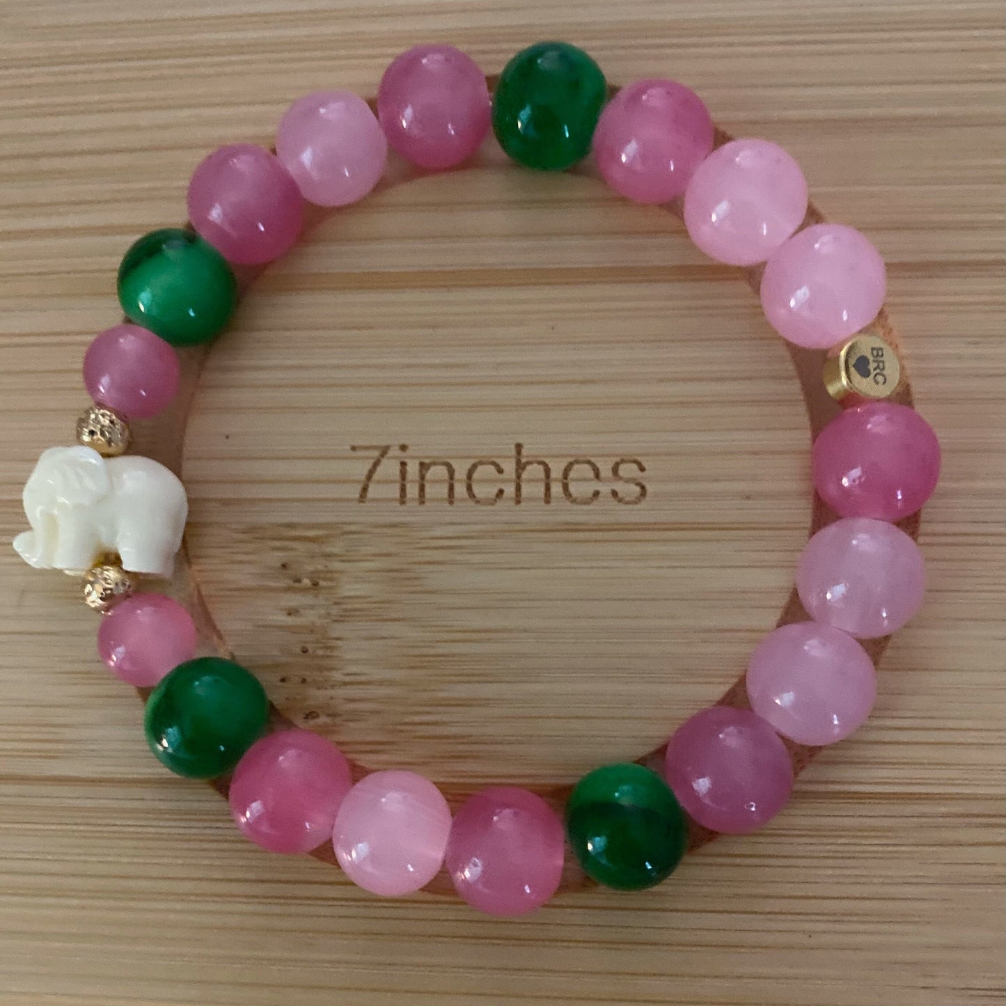 Pink & Green Beaded Bracelet: Center Enamel Elephant Charm, Tropical and Preppy.