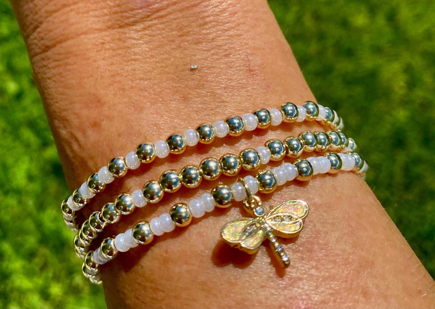 14K Gold Filled Beaded Bracelet: Dragonfly Charm, Pearl Czech Glass.