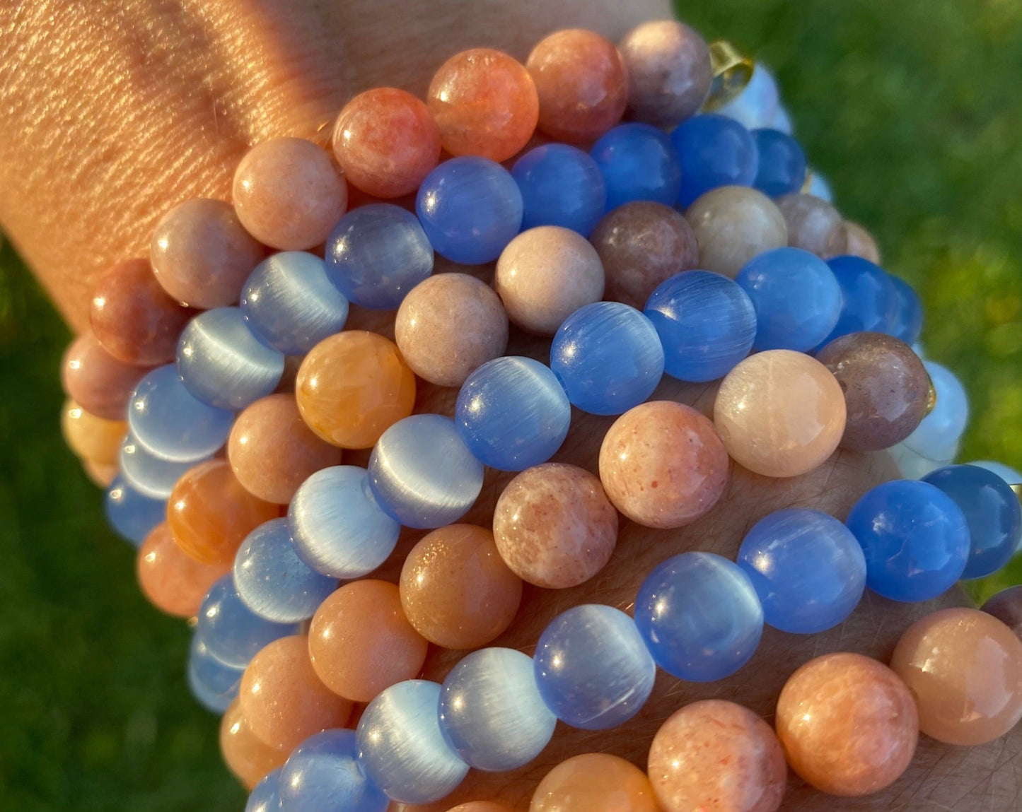 Moonstone Beaded Bracelet with Sky Blue Glass. 8mm.