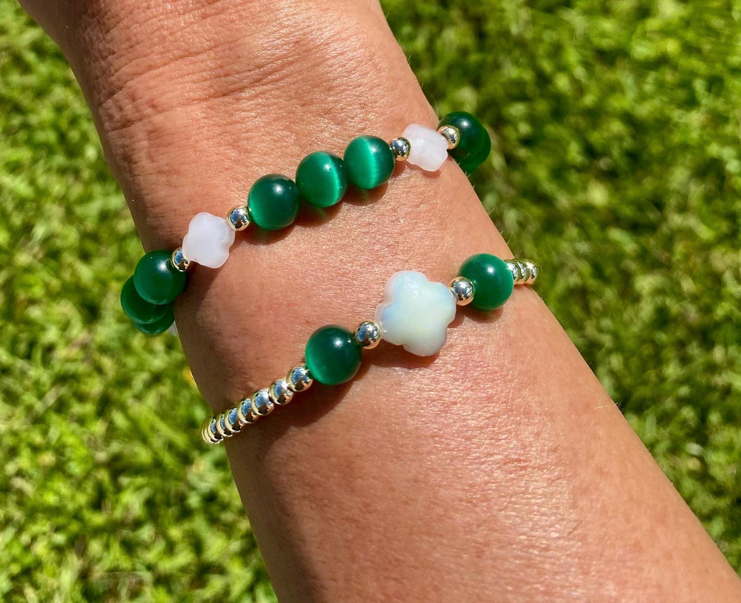 Emerald Green Cat's Eye Bracelet, 14K Gold Filled, Glass Clover Charm