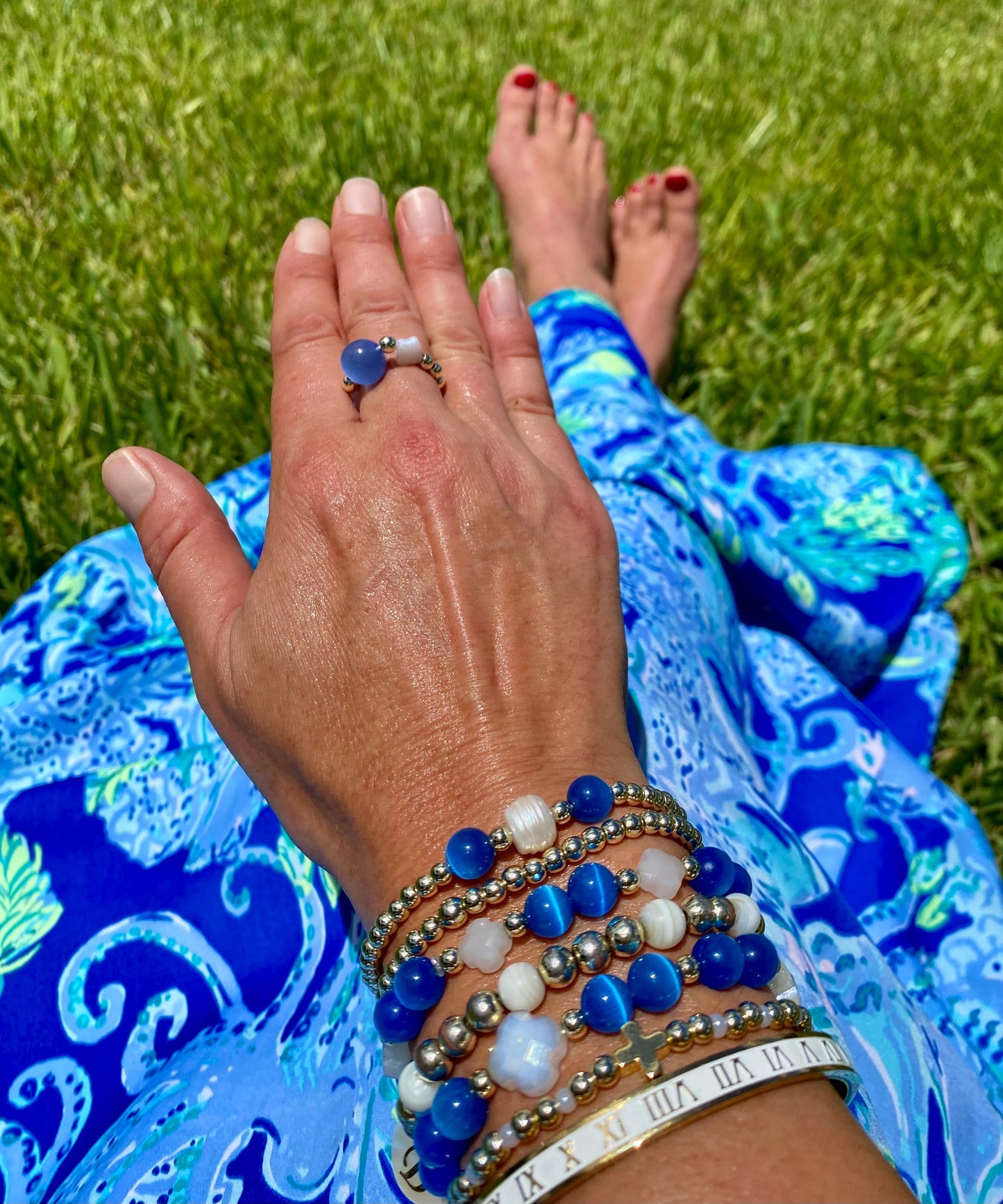 Blue Sapphire Cat's Eye Beaded Bracelet, 14K Gold Filled Beads, Pearl Charm.