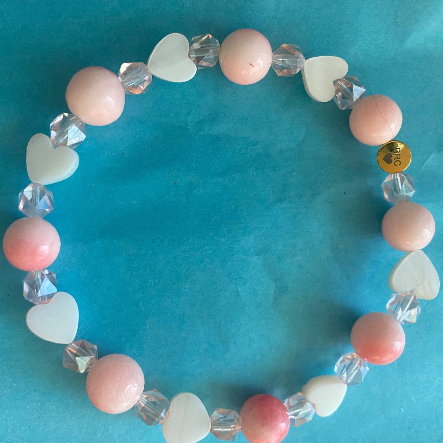 Pink Coral Beaded Bracelet: Glass Beads & River Shell Hearts.