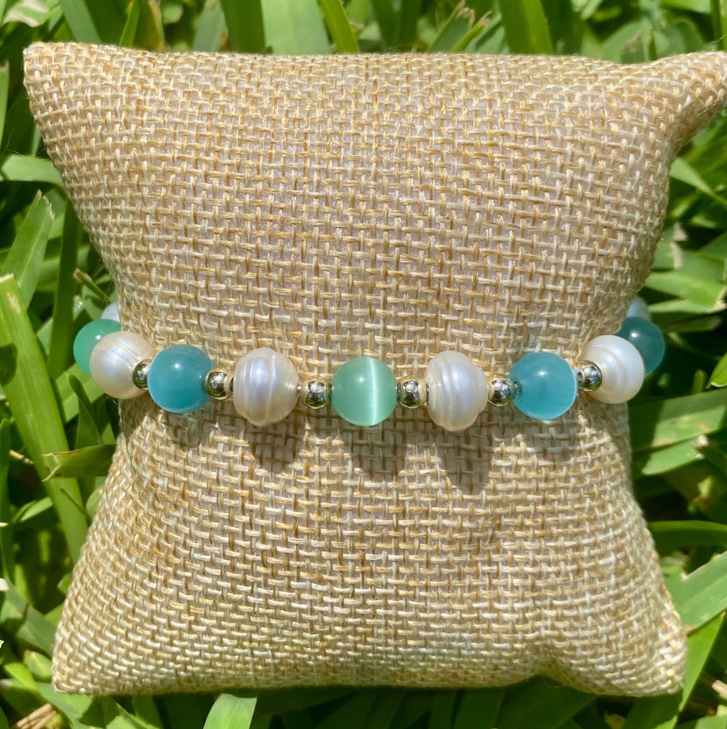 Pearl Beaded Bracelet: Blue & Green Cat's Eye Gemstones, 14k Gold Filled Accent Beads.