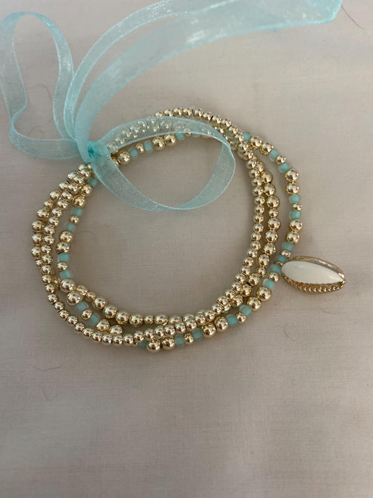 14K Gold Filled Beaded Bracelet Set. Shell Charm and Aqua Blue Glass Seed Beads