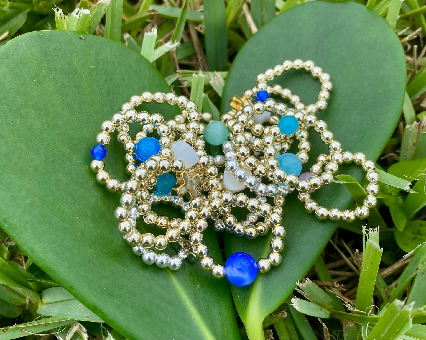 18K Gold Cross Ring: Dainty Stacking 14K Gold Filled Beads.