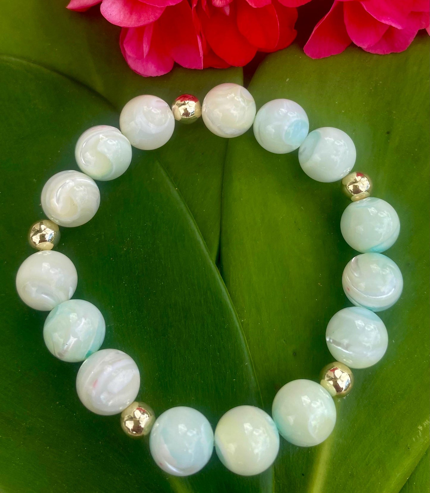 Teal Green Shell Beaded Bracelet: 14k Gold Filled Accent Beads.