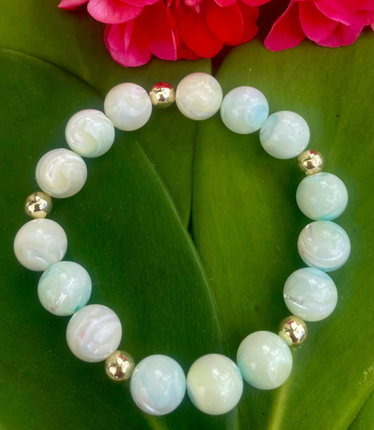 Teal Green Shell Beaded Bracelet: 14k Gold Filled Accent Beads.