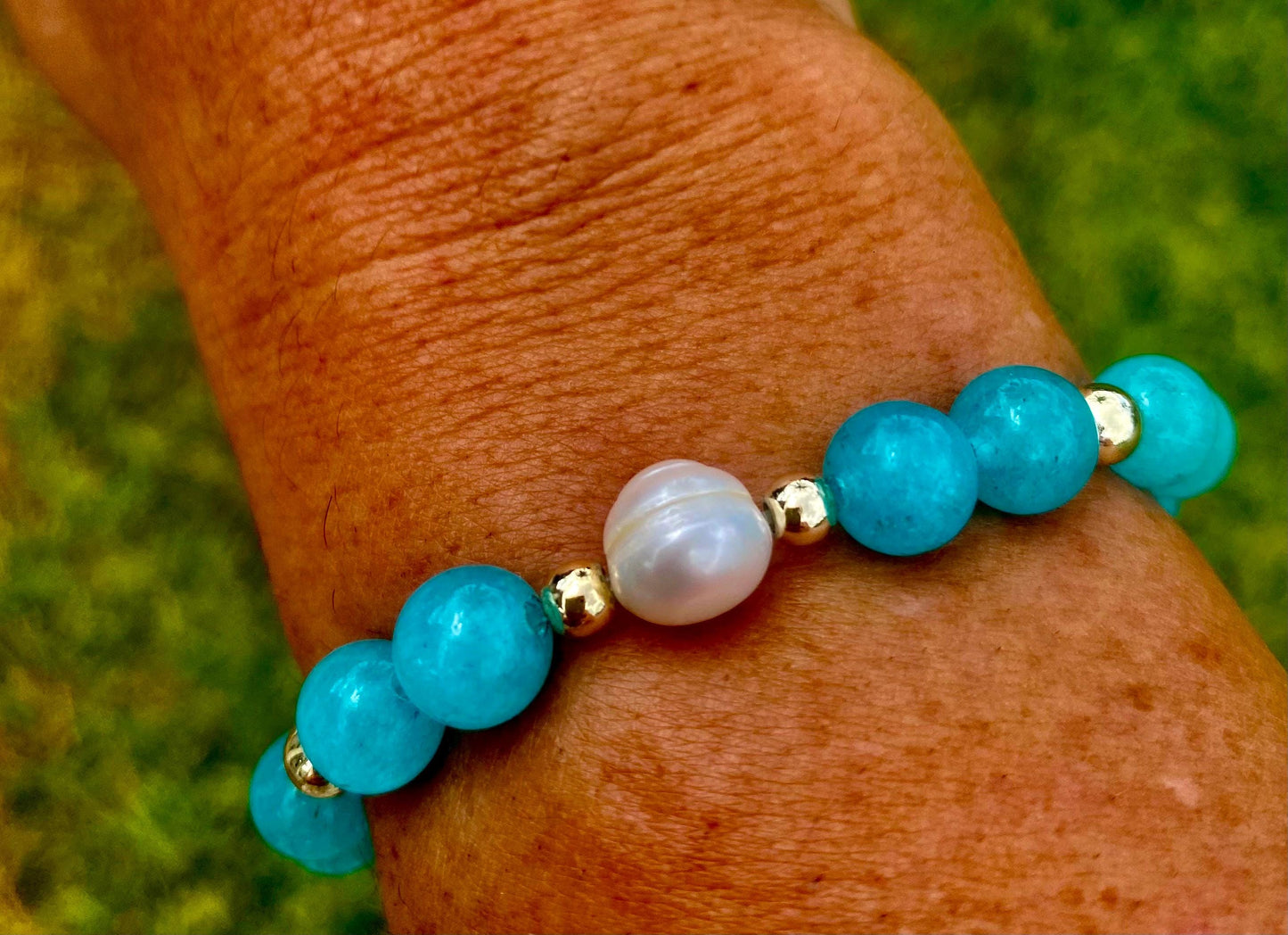 Blue Aquamarine Quartz Beaded Bracelet: Japanese Pearl & 14k Gold Filled accent beads.