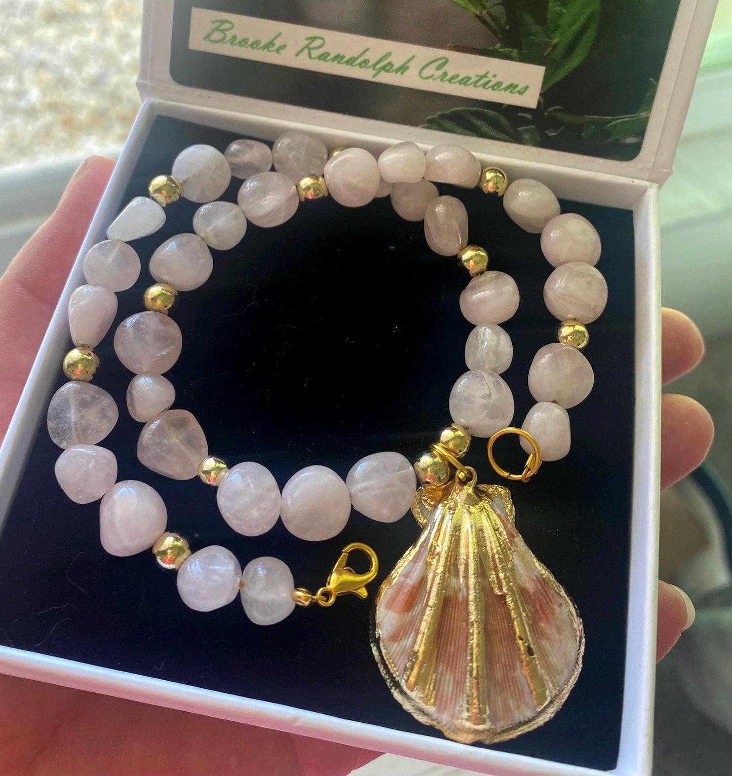 Rose Quartz Beaded Necklace: Center Gold Scallop Shell Charm. 14K Gold accents.
