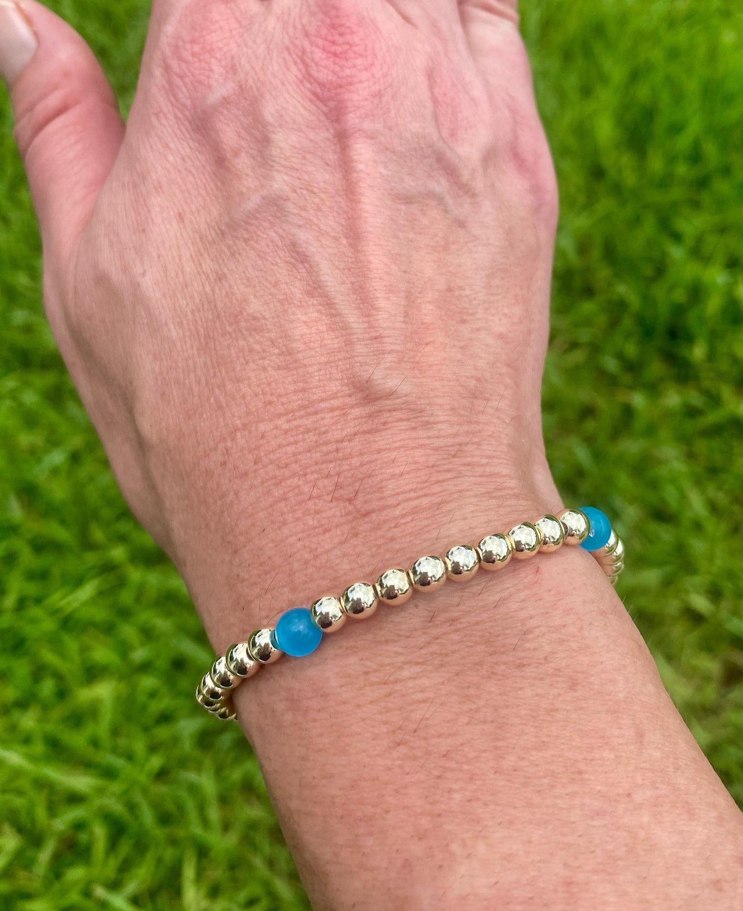 Blue Aquamarine Beaded Bracelet Set: 14K Gold Filled Bracelet. Sold as a pair or individually.