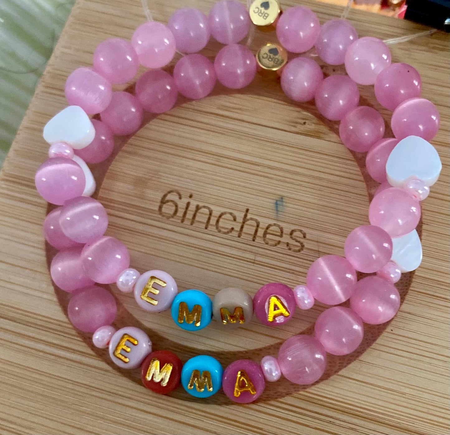 Beaded Friendship Bracelet Set: Custom Names, Pink Glass, Shell Heart Beads.