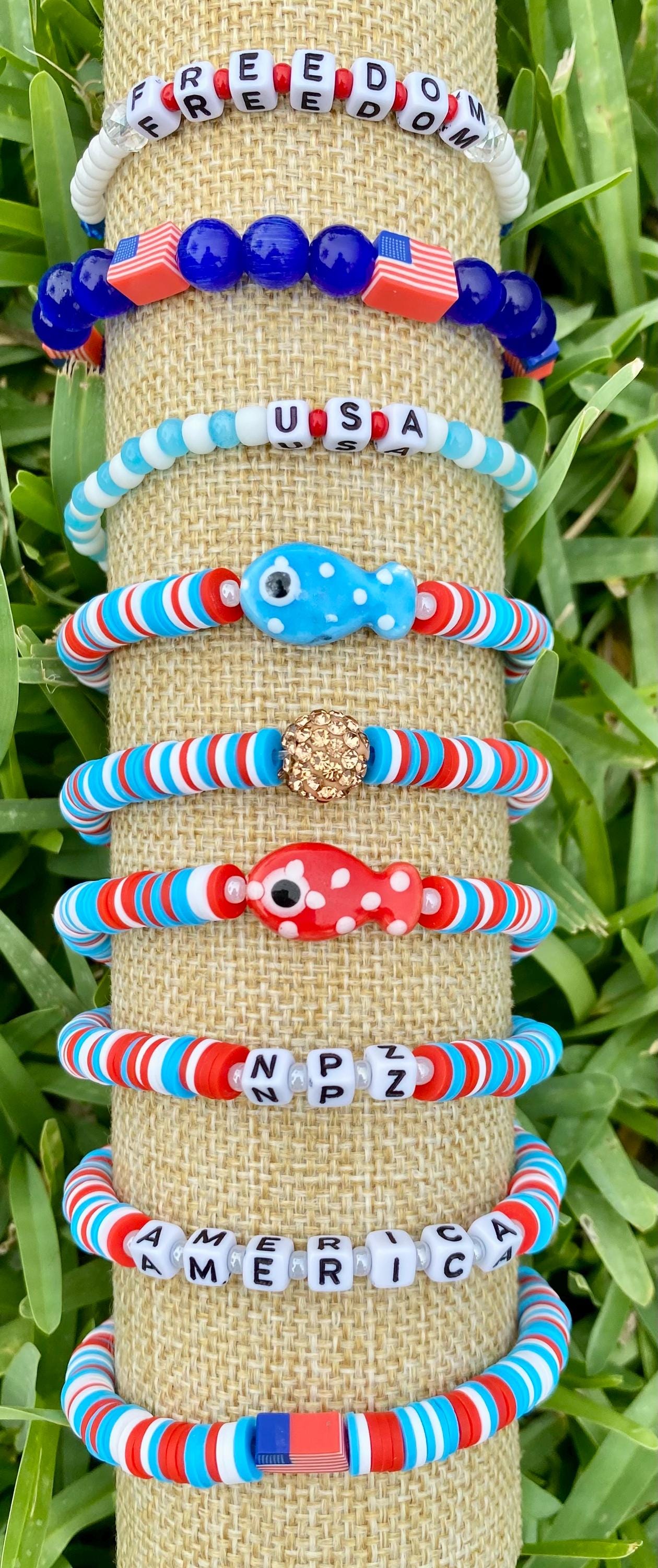 Red White Blue Beaded Bracelet Stack, Ceramic Fish & USA Flag Bracelet