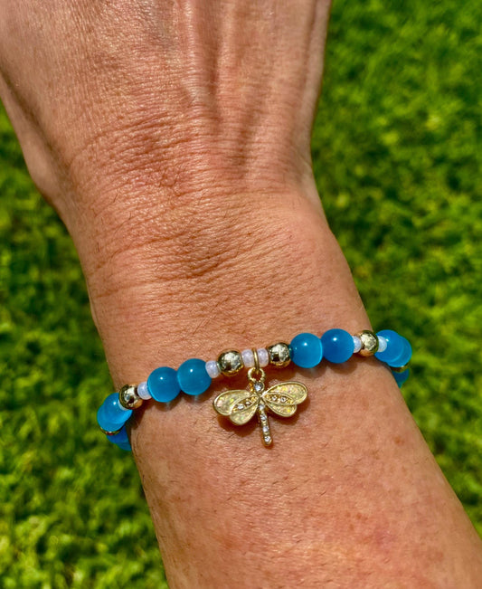 Dragonfly Charm Bracelet: Aquamarine Blue Glass, 14K Gold Filled Beads.