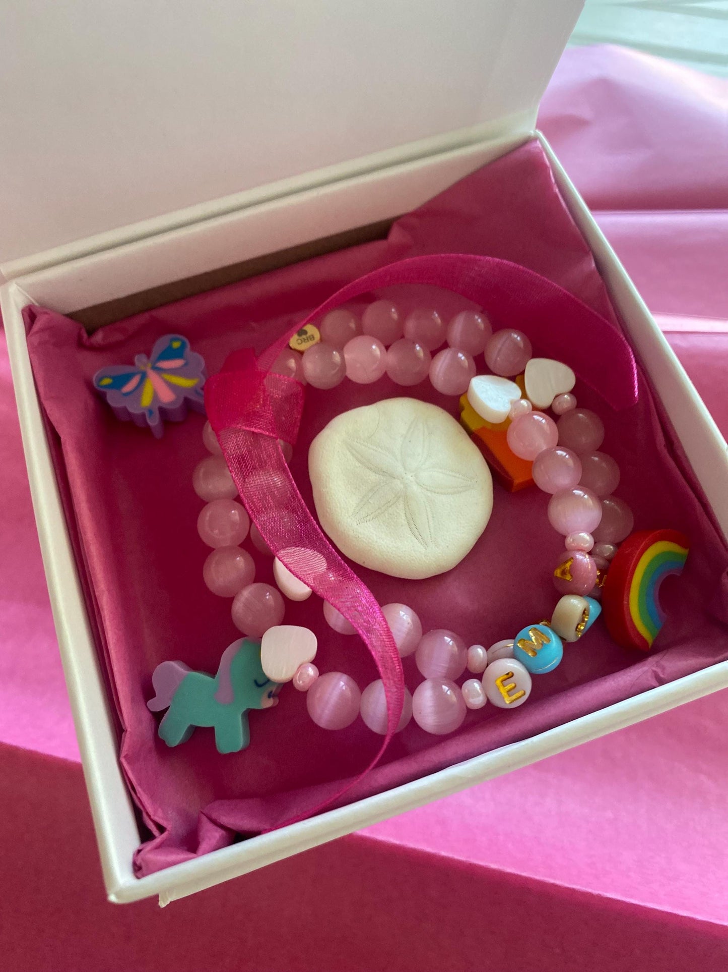 Pink Beaded Friendship Bracelet Set: Pink Quartz Beads, Center Flower & Shell Heart Accents..