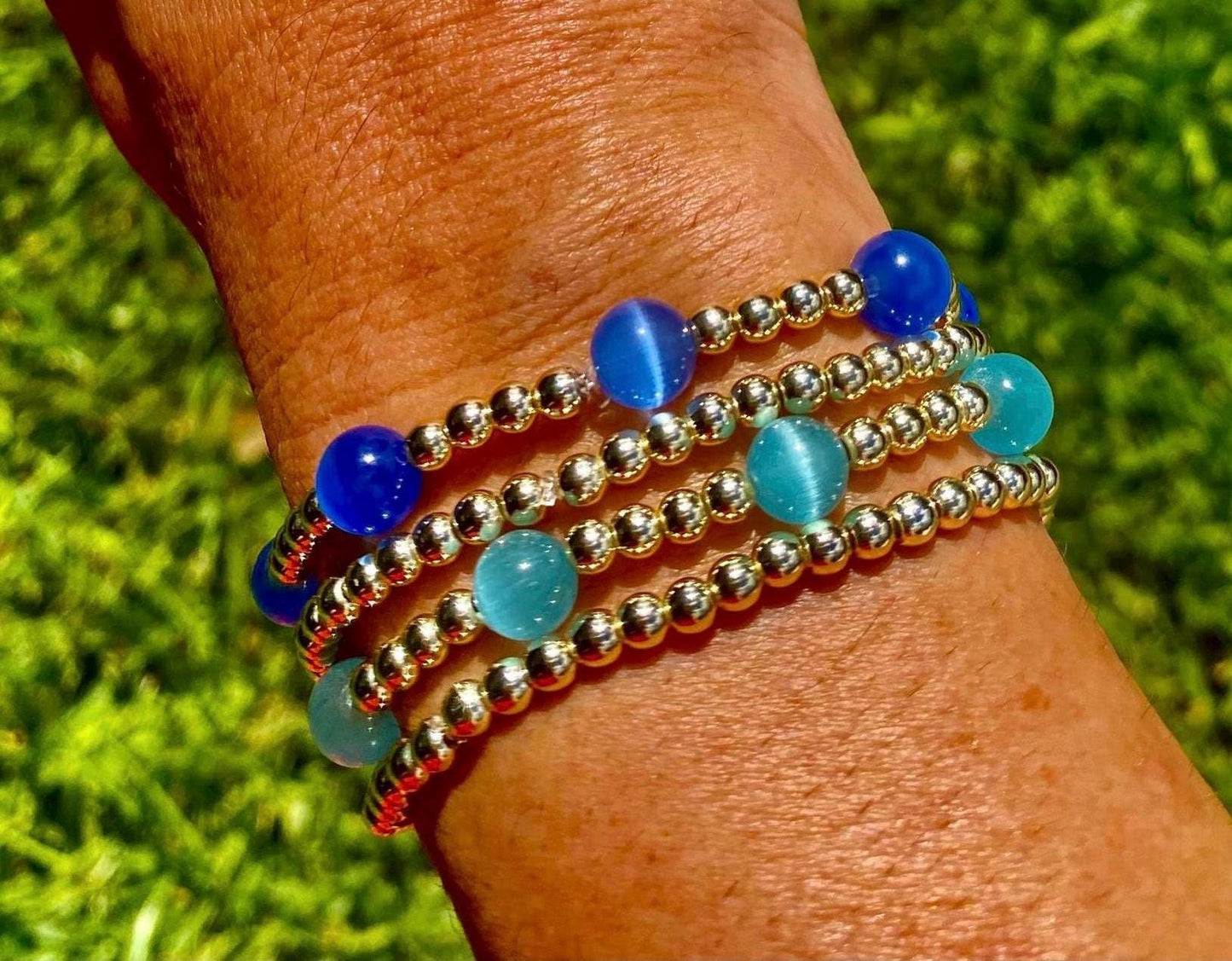 14K Gold Filled Bracelet. Aqua Blue. Sky Blue. Gemstone Beaded Bracelet's.