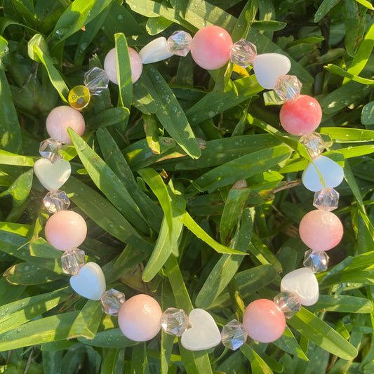 Pink Coral Beaded Bracelet: Glass Beads & River Shell Hearts.