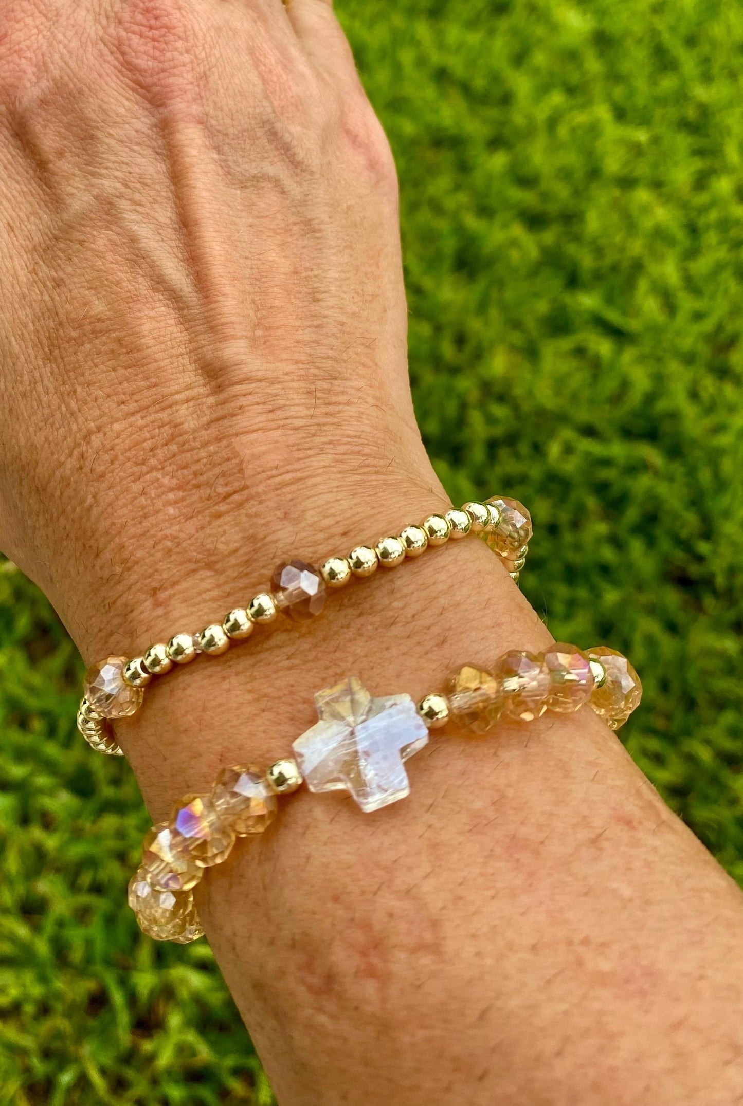 Beige Crystal Briolette Beaded Bracelet: 14K Gold Accents, Clover/Cross Charm