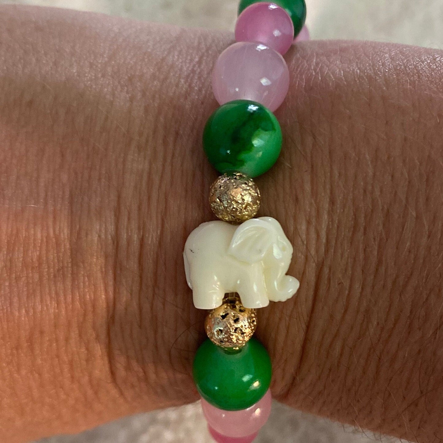 Pink & Green Beaded Bracelet: Center Enamel Elephant Charm, Tropical and Preppy.