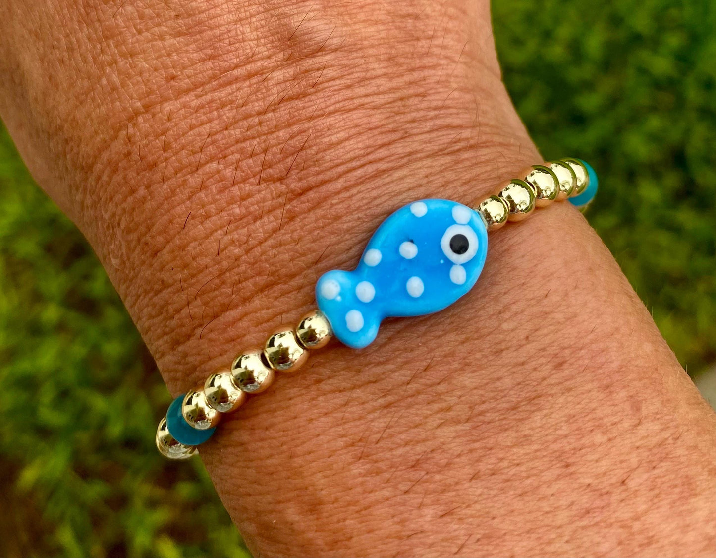 Ceramic Fish Charm Bracelet: 14K Gold Filled Beads, Colorful Beach Jewelry.