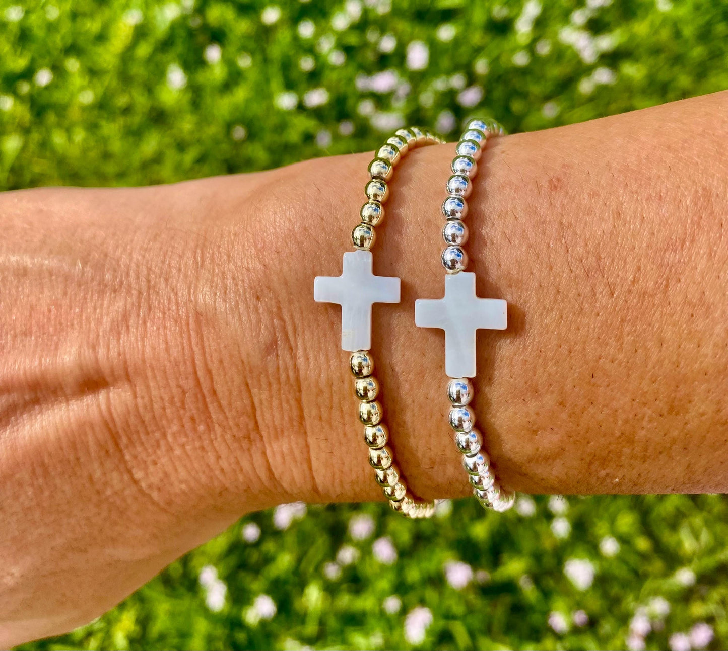 14K Gold Filled & Silver Stacking Bracelets. Mother of Pearl Cross.