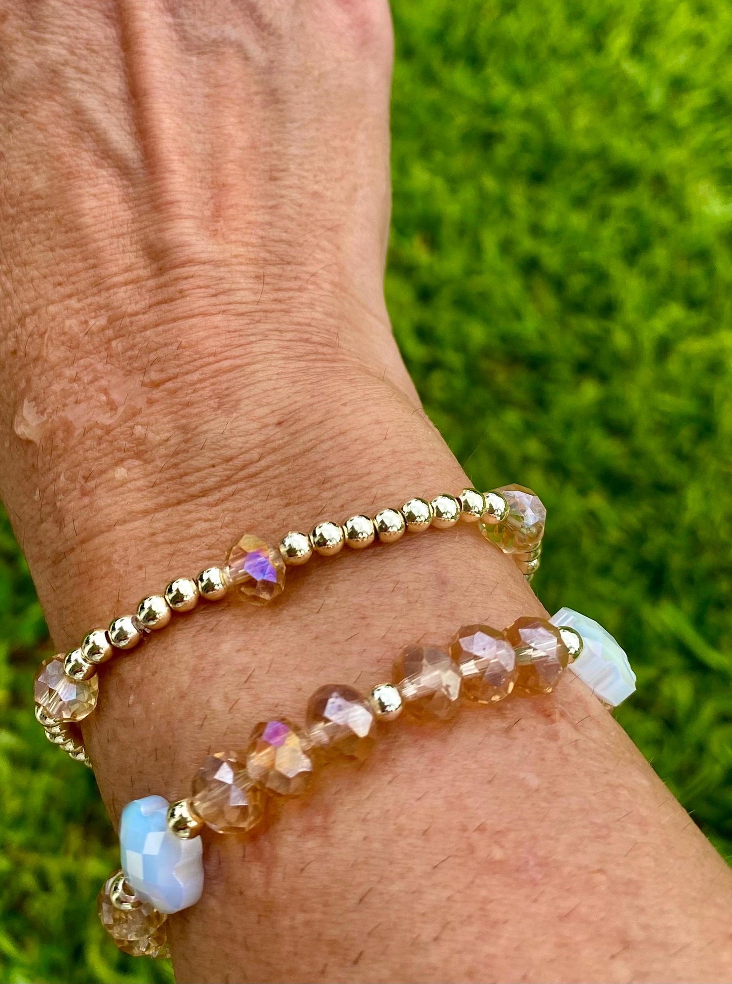 Beige Crystal Briolette Beaded Bracelet: 14K Gold Accents, Clover/Cross Charm