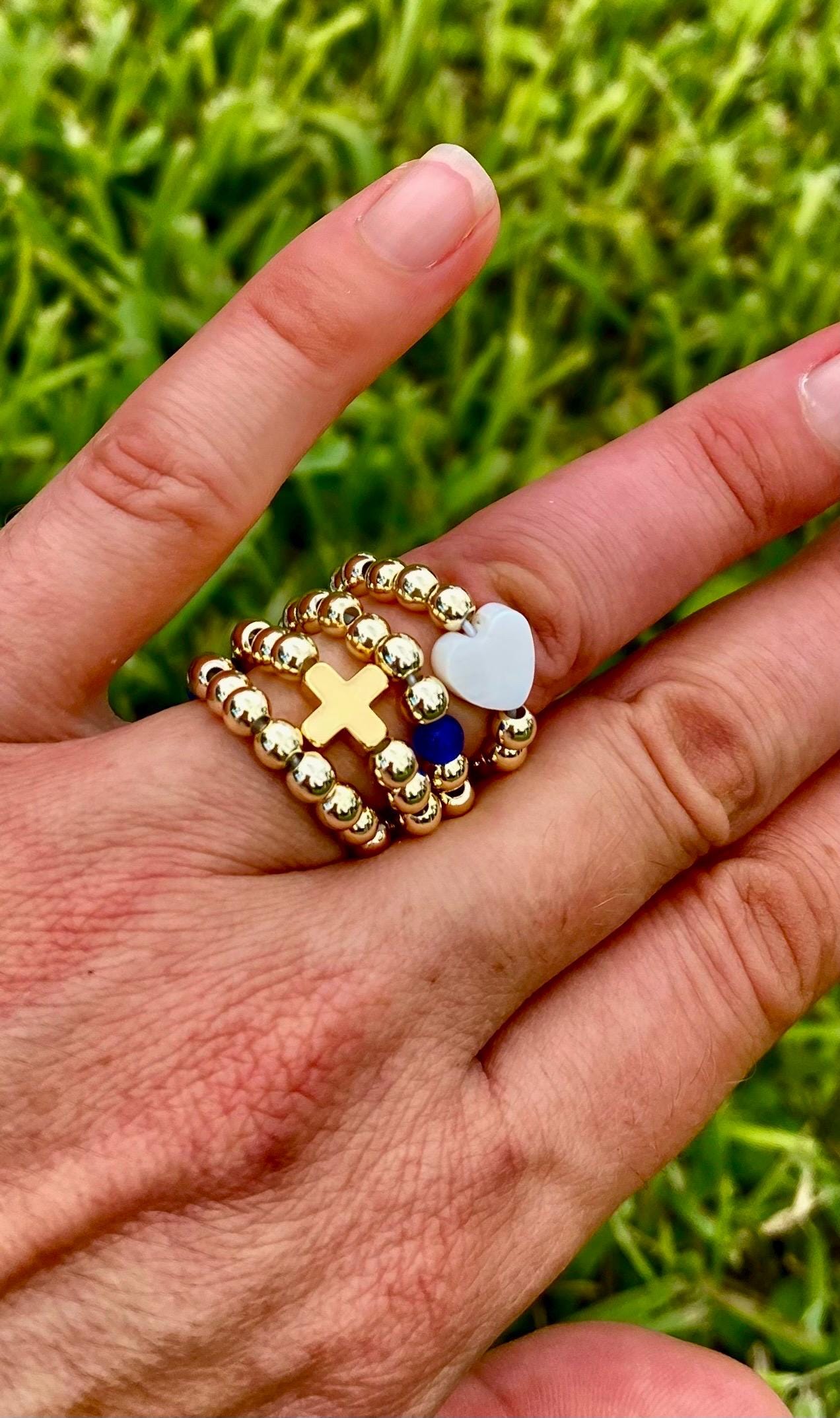 18K Gold Cross Ring: Dainty Stacking 14K Gold Filled Beads.