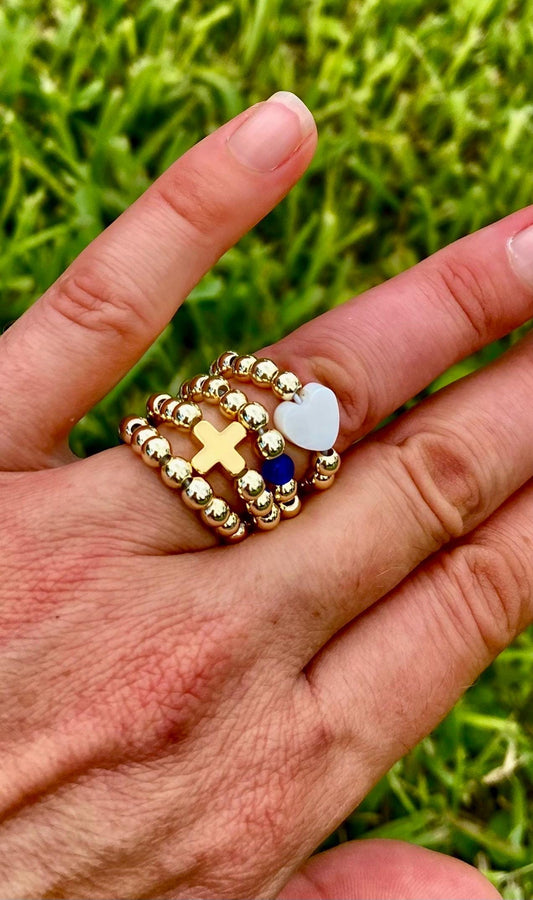 18K Gold Cross Ring: Dainty Stacking 14K Gold Filled Beads.