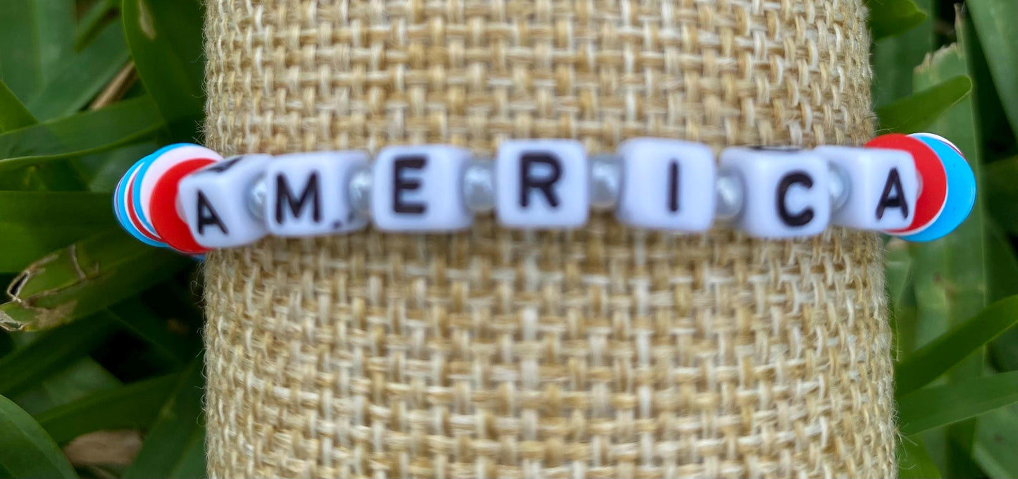 Red White Blue Beaded Bracelet Stack, Ceramic Fish & USA Flag Bracelet