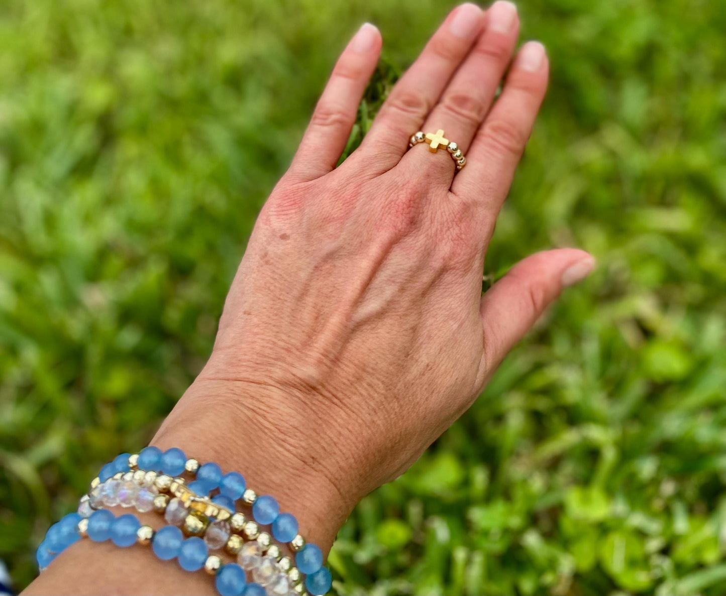 18K Gold Cross Ring: Dainty Stacking 14K Gold Filled Beads.