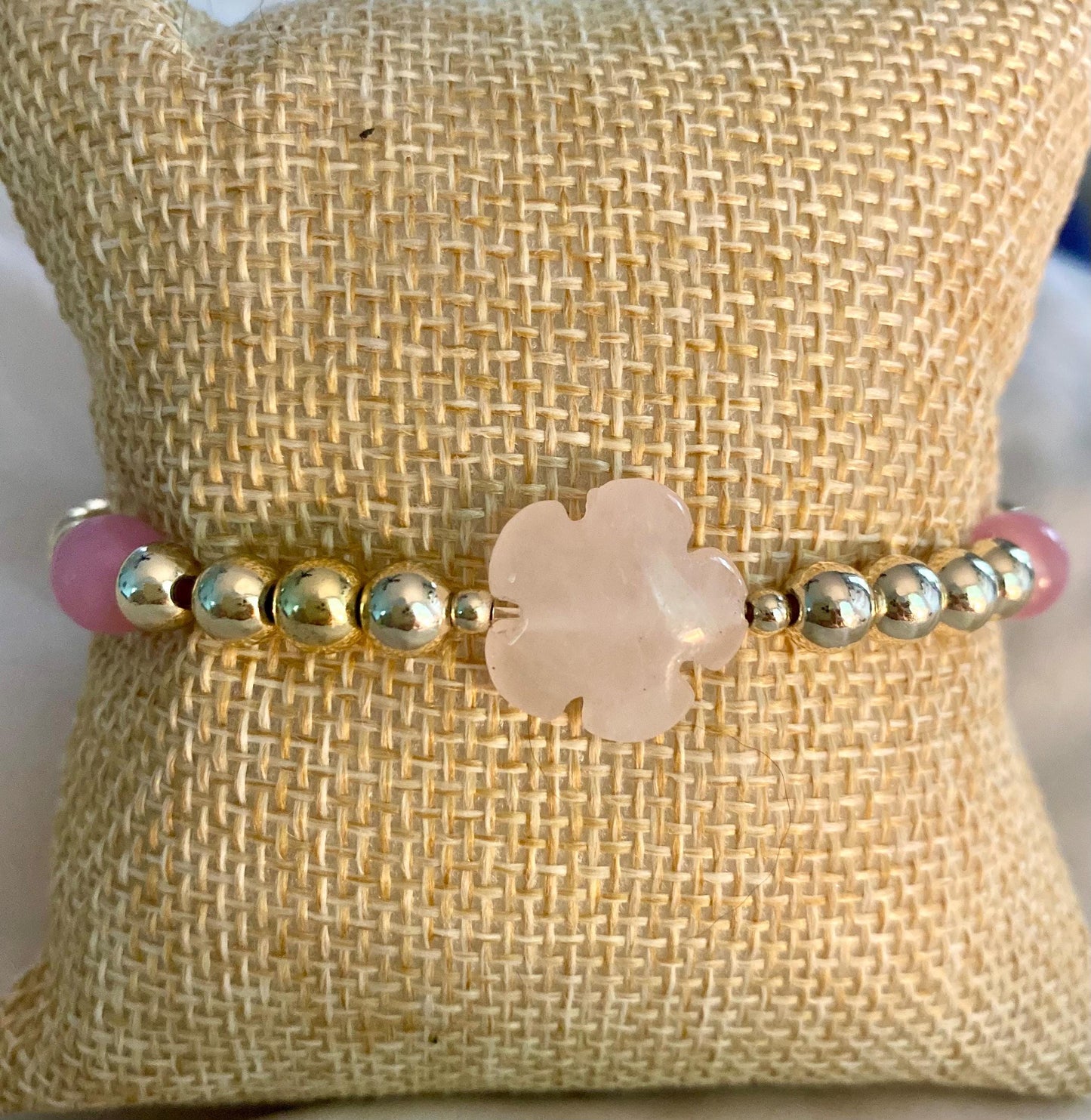 14k Gold Filled Beaded Bracelet: Center Rose Quartz Flower Charm.