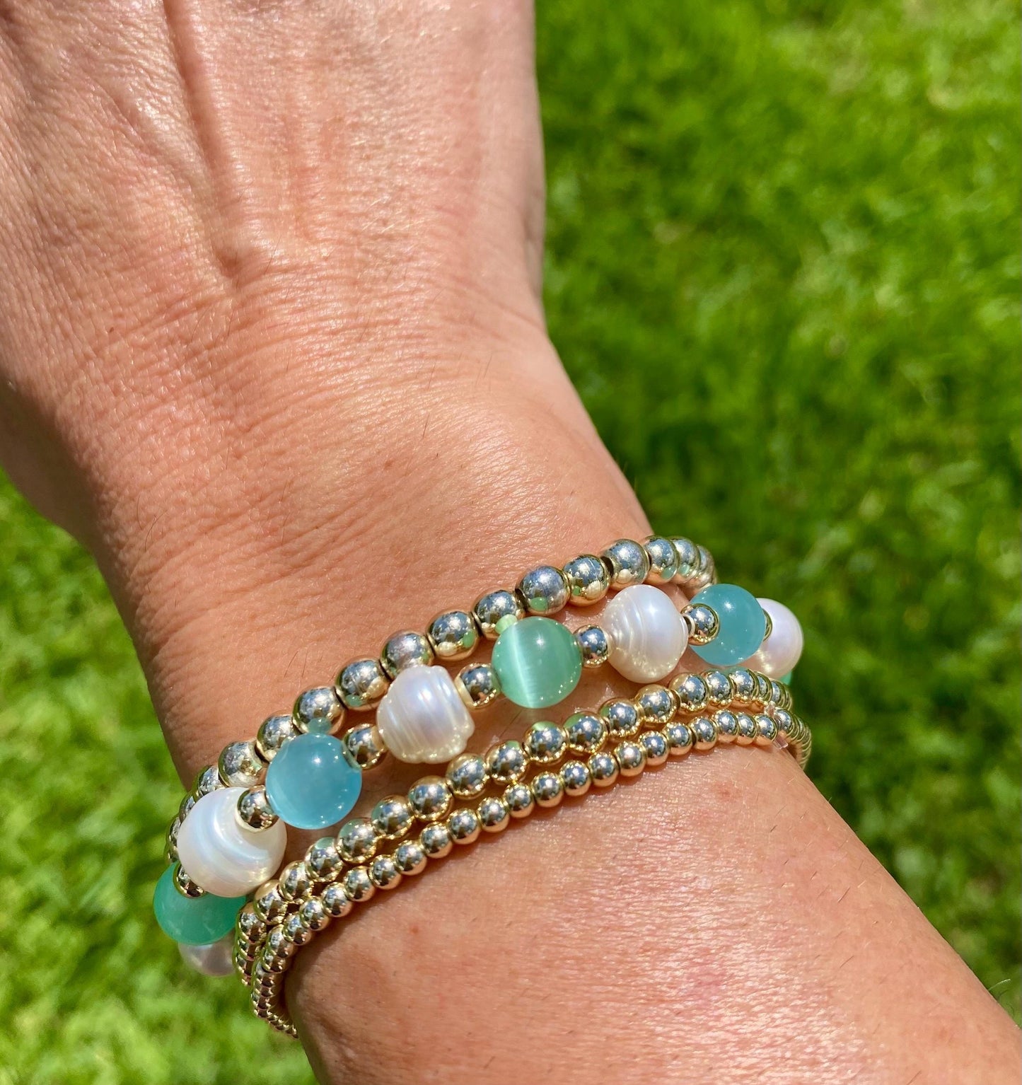 Pearl Beaded Bracelet: Blue & Green Cat's Eye Gemstones, 14k Gold Filled Accent Beads.