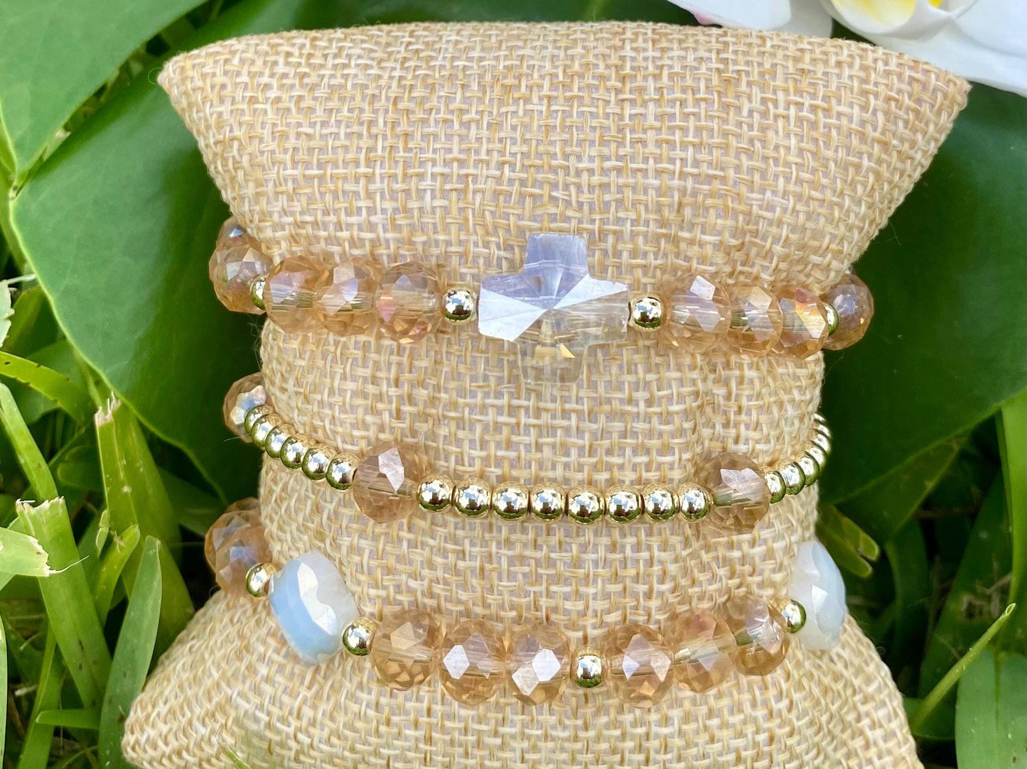 Beige Crystal Briolette Beaded Bracelet: 14K Gold Accents, Clover/Cross Charm